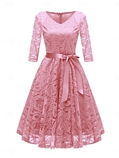 economico Abiti in chiffon-Per donna Abito Midi Abito in Pizzo Abito da Cocktail Abito da invitata a nozze Chiffon Elegante Moda Moderno All&#039;aperto Cocktail party Vestibilità regolare Semplice Manica 3/4 Scollo a V Rosa Vino