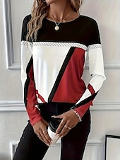 billige Stripe og geometrisk t-skjorte-Påske Dame T skjorte Grafisk Ruter Årgang Stilfull Klassisk Langermet Crew-hals Rund hals Vanlige topper Daglig Trykt mønster Rød Sommer Vår Høst