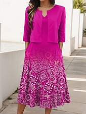 abordables Robe Boho-Femmes Robe Ensemble Robe trapèze Robe d&#039;été Occasionnel Robes semi-formelles A Ombre Géométrique Imprimé Robe Midi Demi Manches Col en V Vacances Date Vert Claire Rouge Bleu Été Printemps Coupe