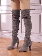 abordables Bottes à la mode-bottes cuissardes en daim gris pour femme à talons hauts - bottines cuissardes chics et élégantes pour les sorties à la mode et les tenues de soirée