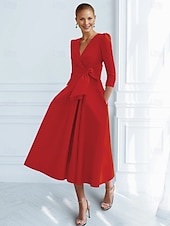 preiswerte Cocktailkleider-A-Linie Cocktailkleider Elegantes Kleid Formal Knöchellang 3/4-Ärmel V-Ausschnitt Tasche mit Schleife(n) Rüschendresses