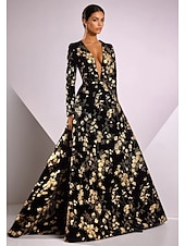 economico ROSSO-Abito da sera elegante con stampa floreale in oro e cravatta nera, a trapezio, lungo fino al pavimento, manica lunga, scollo a V, tasca in nylon 2025