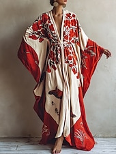 billige Boho-kjoler-damelang kjole maxikjole bohokjole avslappet kjole swingkjole sommerkjole vintage ferie daglig strand normal passform blomstret 3/4-ermet v-hals rød sommer vår høst