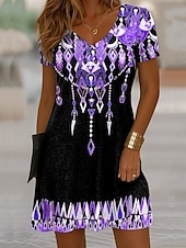 Dames Mini-jurk T shirt jurk Zonnejurk Vakantie Casual Boho Uitgaan Normale pasvorm Grafisch Paisley Abstract Korte mouw V-hals Blozend Roze blauw Paars Oranje Zomer Lente voordelige Boho Jurken-Dames Mini-jurk T shirt jurk Zonnejurk Vakantie Casual Boho Uitgaan Normale pasvorm Grafisch Paisley Abstract Korte mouw V-hals Blozend Roze blauw Paars Oranje Zomer Lente