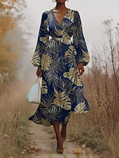 preiswerte Blumenkleid-Damen Midikleid Freizeitkleid Chiffon Schwingkleid Modern Urlaub Täglich Wochenende Normale Passform Blatt Tropisch Langarm V Ausschnitt Marineblau Blau Dunkelblau Blau Schwarz Sommer Frühling Herbst