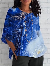 billige Kvinnenes Kunst &amp; Design Topper-Dame Skjorte Marmortrykk Daglig Fritid 3/4 ermer Crew-hals Vanlige topper Daglig Ferie Trykt mønster Navyblå Marineblå Blå Himmelblå Dusty Blue Sommer Vår Høst
