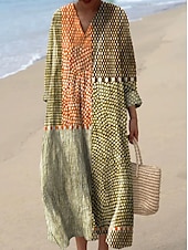 economico Abiti a Strisce e Geometrici-Per donna Abito Midi Vestito Estivo Abito a trapezio Vacanza Casual Boho Uscire Spiaggia Grafico Geometrico Manica Lunga Scollo a V Giallo scuro Rosso Marrone chiaro Blu Estate Primavera Autunno