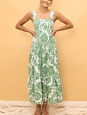 billiga Blommiga klänningar-Dam Maxiklänning A linjeklänning Slipklänning Semester Ledigt Boho Utomhus Utekväll Normal Blommig Ärmlös Halterneck Vit Gul Blå Orange Sommar Vår