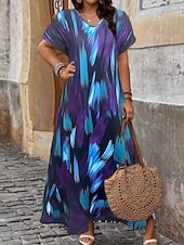 abordables Robes Rayés et Géométriques-Femmes Robe maxi Robe trapèze Occasionnel Extérieur Plage Coupe Ample Rayure Manche Courte Col en V Rose Claire Rouge Bleu Violet Été Printemps