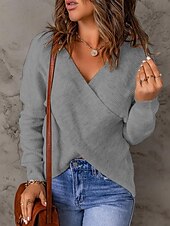 preiswerte Einfarbige Farben-Damen Pullover Lässig Weich Einfarbig Gerippt V Ausschnitt Kreuz und quer Gestrickt Langarm Normale Oberteile Stricken Outdoor Täglich Wochenende Rosa Grau Herbst Winter