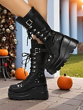 abordables Pour les femmes-Femmes Bottes Bottes à plateforme Soirée Bottes Mi-Mollet Rivet Boucle Broderie Plateau Bout Rond Punk Gothique Marche PU Fermeture éclair Noir