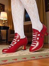 abordables années 1930-Femmes Chaussures à Talons Rétro Soirée Travail Quotidien Bouton Talon Cône Bout Rond Élégant ancien Marche PU Mocassin Noir Rouge Rouge Bordeaux