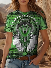 abordables T-shirt Boho-Femmes T-shirt Graphique Animal Géométrique ancien Élégant Classique Manche Courte Col ras du cou Col rond Hauts Réguliers Quotidien Week-end Imprimé Jaune Rouge Bleu Violet Vert Été Printemps