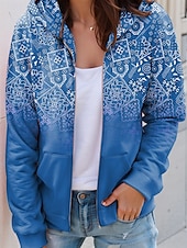billiga Randiga och geometriska toppar-Kvinnors dragkedja hoodie grafisk geometrisk paisley mode avslappnad lång ärm huva vanlig toppar gata dagliga kläder ficka tryck röd blå lila grön vår höst
