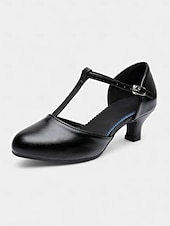 abordables Zapatos de baile latino-Zapatos de baile negros con tira en T para mujer: cómodos tacones de salón latino con punta cerrada y hebilla ajustable, zapatos de rendimiento profesional para salsa, tango y sesiones de práctica.