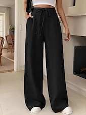 abordables jambe large et taille haute-Femmes Jambe large Slacks Streetwear Occasionnel Longueur complète Naturel Uni Avec Poches Conception à cordon élastique Confortable Rue Tenue quotidienne Week-end Noir Rose Vert Véronèse Bleu Automne