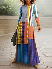 preiswerte Streifen- und geometrisches Kleid-Damen Maxikleid T-Shirt-Kleid A Linie Kleid Sommerkleid Urlaub Lässig Strand Täglich Normale Passform Grafik Geometrisch Langarm Rundhalsausschnitt Rote Blau Orange Frühling Herbst Winter
