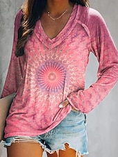 ieftine tricou boho-Pentru femei Tricou Grafic Geometrie Epocă Stilat Clasic Manșon Lung În V Topuri obișnuite Zilnic Sfârșit de săptămână Imprimeu Verde Deschis Roz Îmbujorat Albastru piscină Portocaliu Trifoi