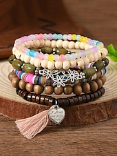 economico Bracciale da donna-Set di braccialetti con ciondoli a strati con perline boho da donna: bracciali in legno, turchese e pelle scamosciata in stile vintage con ciondoli a forma di foglia e geometrici, ideali per abbigliamento casual, festival e vacanze al mare