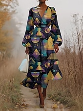 ieftine Rochie Artă și Design-Pentru femei Rochii Midi Rochie casual Șifon Rochie leagăn Modern Vacanță Zilnic Sfârșit de săptămână Fit regulat Geometric Manșon Lung În V Albastru piscină Mov Maro Trifoi Vară Primăvară Toamnă