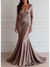 ieftine Rochii de seară sirenă-Rochie de Seară Sirenă  Trompetă Rochie Elegantă Rochie Formală de Nuntă Lungime Întreaga Mâneci Lungii Decolteu în V Rochie Satin Elastic cu Plisaje