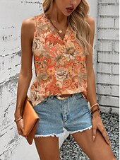 billige Blomstrete tanktop-Dame Camisole Tank Top Blomstret Grafisk Geometrisk Elegant Årgang Tropisk Ermeløs V-hals Vanlige topper Daglig Trykt mønster Svart Oransje Grønn Beige Sommer Vår
