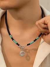 billige Menns smykker-Herrekjede med natursteinperler – svart og blå edelstenshalskjede med solanheng og vippelås for bohemsk eller festantrekk