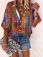 billige Kvinne Striper &amp; Geometriske Topper-Dame Bluse Grafisk Geometrisk Fargeblokk Elegant Daglig Stilfull 3/4 ermer Halvlange ermer V-hals Høyhalset Vanlige topper Knapper Trykt mønster Marineblå Blå Fuksia Oransje Sommer Vår