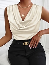 גופייה לנשים סאטן חלקה אופנתי מודרני ללא שרוולים צווארון מרופד רגיל חולצות יומיומי ליציאה סוף שבוע שחור כתום חאקי קיץ זול חולצות שמלות-גופייה לנשים סאטן חלקה אופנתי מודרני ללא שרוולים צווארון מרופד רגיל חולצות יומיומי ליציאה סוף שבוע שחור כתום חאקי קיץ