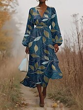 preiswerte Blumenkleid-Damen Midikleid Freizeitkleid Chiffon Schwingkleid Modern Urlaub Täglich Wochenende Normale Passform Blumen Langarm V Ausschnitt Blau Grün Dunkelblau Sommer Frühling Herbst