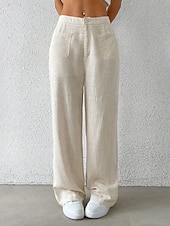 preiswerte Schlichte Hose aus Baumwollleinen-Damen Weites Bein Chinos Mode Basic Lässig Volle Länge Mittlere Taillenlinie Einfarbig Tasche Komfort Außenbereich Unelastisch Urlaub Straße Täglich Schwarz Weiß Blau Aprikose Sommer Frühling Herbst