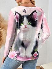 billige Dyrene tee-Dame T skjorte Blomstret Grafisk Katt Årgang Stilfull Klassisk Langermet Crew-hals Vanlige topper Daglig Helg Trykt mønster Rosa Blå Lilla Grønn Vår Høst