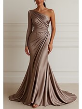economico Rosa-Sirena / Tromba Abito da Sera Elegante Vestito Formale Matrimonio Lunghezza al pavimento Manica Lunga Monospalla Vestito Rosa Raso Elasticizzato con Pieghe 2025