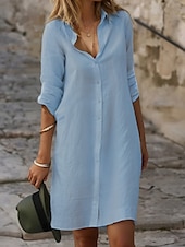 abordables vestidos de algodón y lino de diseño-Mujer Negro Blanco Azul Piscina Verano Primavera Mini vestido Vestidos de lino y algodón Vestido de Camisa Vestido de algodón blanco Vacaciones Básico Moderno Diario Fin de semana Holgado Plano