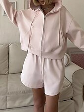 baratos Agasalhos Femininos-Mulheres Moda Roupa de rua Moletom Conjuntos de shorts Manga Longa Com Capuz Tecido Zíper Roupa Diária Encontro Branco Rosa Azul Verão Normal