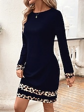 voordelige Gestreepte &amp; Geometrische Jurken-Dames Mini-jurk Schede jurk Casual Dagelijks Normale pasvorm Luipaard Lange mouw Strakke ronde hals Zwart Marineblauw Paars Zomer Winter