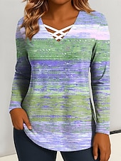 billige Stripe og geometrisk t-skjorte-Dame T skjorte Grafisk Geometrisk Årgang Stilfull Klassisk Langermet V-hals Vanlige topper Daglig Utskjæring Trykt mønster Rosa Blå Lilla Grønn Vår Høst