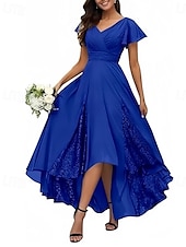 abordables Robes pour invitées de mariage-Ligne A Robes pour invités de mariage Élégant Robe robe demoiselle d honneur Fiançailles Asymétrique Manche Courte Col en V Chiffon avec Croisé Froncé 2025