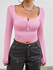 preiswerte Damen Einfache Oberteile-Damen T Shirt Einfach Mode Modern Langarm Quadrathals Crop Tops Täglich Tunika Knöpfe Schwarz Weiß Rosa Sommer