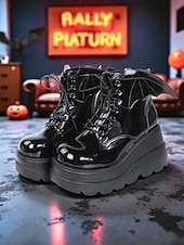 levne Pro ženy-Dámské černé lakované kotníkové boty na platformě - gotické punkové boty s patkami a šněrováním, cosplay boty na robustním podpatku na Halloween, večírky a alternativní módní outfity