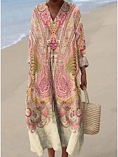 tanie Sukienka boho-Damskie Sukienka maxi Sukienka letnia Sukienka A line Urlop Codzienny Wyjściowe Luźna Kwiaty Graficzny W Tureckie Wzory Długi rękaw W serek Granatowy Rumiany róż Czerwony Niebieski Lato Wiosna Jesień