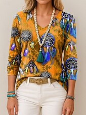ieftine tricou boho-Pentru femei Tricou Grafic Pană Epocă Stilat Casual Manșon Lung În V Topuri obișnuite Zilnic Imprimeu Albastru piscină Mov Portocaliu Trifoi Vară Primăvară Toamnă
