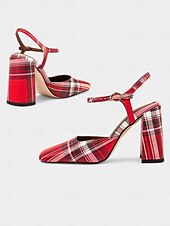 cheap Block Heels-Women&#039;s Purple Plaid Block Heel Pumps –1970s Retro Square Toe High Heels with Ankle Strap for Daily Wear, Office &amp; Vintage Outfits
