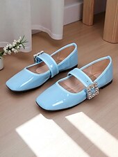 cheap Women&#039;s Flats-Women&#039;s Almond Patent Leather Mary Jane Flats with Rhinestone Buckle  - 1960s Mod Style Comfortable Ballet Shoes for Teens and Ladies, Ideal for School, Parties, and Daily Wear