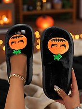 olcso Nőknek-női fehér, bolyhos halloweeni tökcipő – puha beltéri cipő vicces rajzfilmfigurás dizájnnal őszi és ünnepi otthoni viseletre