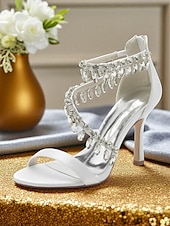preiswerte Cocktail-Weiße Damensandalen mit Stilettoabsatz, offene Abendschuhe mit Kristallfransenriemen für formelle Anlässe und Abendpartys