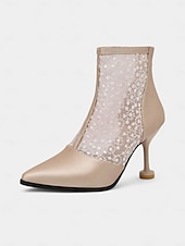preiswerte Stiefeletten-Beige Damenstiefeletten mit Absatz aus Spitze und Kunstleder – elegante Brautstiefel mit spitzer Spitze und floraler Spitze für Hochzeiten, formelle Veranstaltungen und besondere Anlässe