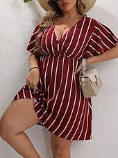 abordables Robes-Femmes Grande taille Robe Décontractée Rayé Col en V Manche Courte Été Printemps Mode Moderne Occasionnel Mini robe Quotidien Fête Robe