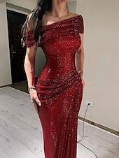 voordelige ROOD-Rode jurk met glinsterende kristallen, stretch mesh, zeemeermin/trompet avondjurk, elegante jurk, formele bruiloft, lange jurk, mouwloos, off-shoulder, kant met plooien, gerimpeld, 2025