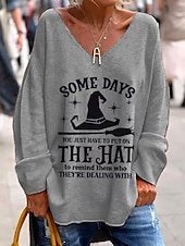 preiswerte Halloween Oberteile-Halloween Damen T Shirt Grafik Buchstabe Hexe Elegant Mode Lässig Langarm V Ausschnitt Normale Oberteile Täglich Wochenende Druck Schwarz Purpur Orange Grün Grau Frühling Herbst